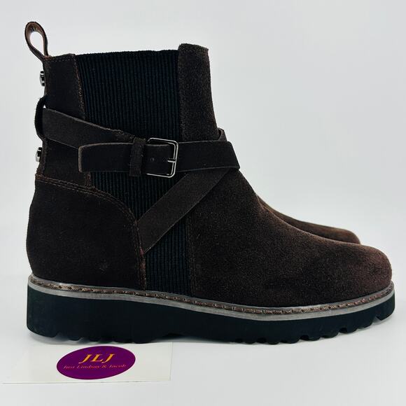 Donald Pliner Women's Captain Dark Brown Suede Buckle Booties Size 6.5 - Picture 1 of 12